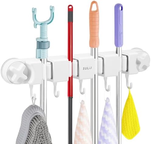Broom Holder Wall Mount Sturdy Mop and Broom Organizer with 4 Racks and 5 Hooks Vacuum Suction Cup Broom Mop Holder for Home, kitchen, Garden, Tools, Garage by Unknown