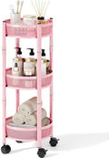TOOLF 3 Tier Foldable Rolling Cart, Metal Utility Storage Cart, Pink | Assembly-Free, Lockable Wheels, Round Trolley Organizer for Bathroom, Kitchen, Office, Dorm, Laundry, Craft Room by TOOLF