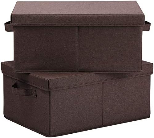 HOONEX Linen Foldable Storage Bins with Lids, 2 Pack, Storage Boxes with Carrying Handles and Sturdy Heavy Cardboard, 16.5" L x 11.8" W x 7.5" H for Shoes, Clothes, Brown by HOONEX
