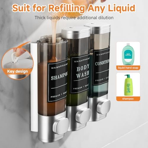 Shampoo and Conditioner Dispenser,Shower Dispenser 3 Chamber No Drill Wall-Mounted Shampoo Dispenser for Shower Wall Mounted Shower Soap Dispenser for Bathroom Hotel Large Capacity,Light Silver - Image 5
