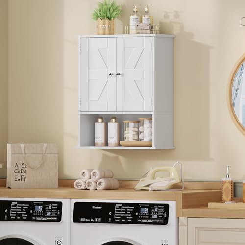 TEENFON Bathroom Wall Cabinet, Over The Toilet Space Saver Storage with Barn Doors & Adjustable Shelf, Hanging Medicine Cabinet, White 7.1" D x 15.4" W x 19.3" H - Image 7