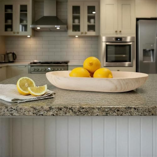 BOLTCORRSE Large Whitewashed Decorative Wood Bowl - Hand Carved Paulownia Tray for Coffee Table Centerpiece & Entryway Catchall - Organic Modern Farmhouse Decor - Image 4