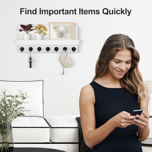 Lwenki Key Holder Wall Mount, Entryway Key and Mail Holder with 7 Sturdy Hooks for Sunglasses, Dog Leash, Decorative Wall Shelf with Mounting Hardware, 15”W x 6.7”H x 4.2”D (White) - Image 6