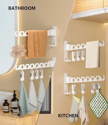 Wall Mount Coat Hanger Holder White Clothes Drying Organizer Rack Garment Hooks Aluminium Retractable Folding Indoor Wall Mounted Hanger Space Saver for Laundry Room Bedroom White 2 Pack with 8 Hooks - Image 3