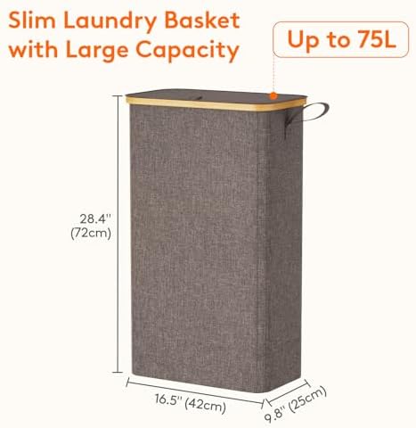 Lifewit 75L Slim Laundry Hamper with Lid and Removable Bag, Brown - Image 3