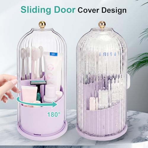 QIYVLOS Toothbrush Holders with Sliding Lid, Rotating 3 Slots Bathroom Organizer Countertop, Tooth Brush Toothpaste Holder Bathroom Counter Stand Sink Organizer for Makeup Brushes Holder (Purple) - Image 2