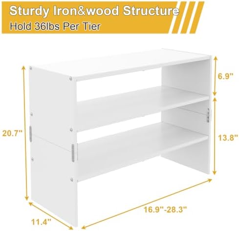 White Shoe Rack Organizer for Closet, 3-Tier Expandable Shoe Shelf, Stackable Iron Wood Combination Shoe Racks Shelves for Closets, Entryway,Small Space,Hallway,Garage,Holds 8-16 Pairs of Shoes - Image 2