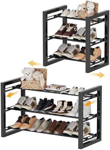 Homeiju Expandable Shoe Rack, 3 Tier Metal Shoe Shelf, Adjustable Shoe Stand for Sneakers, Boots, Heels, Heavy-Duty Steel Standing Shoe Organizer for Entryway, Closet, Bedroom, Black by Homeiju