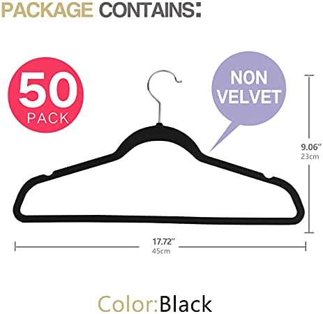 50 Pack Slim Plastic Clothes Hangers, Black | 17.7 in adult size, 0.2 in profile, non-velvet ABS, anti-slip grooves, Closets/dorms/laundry - Image 2