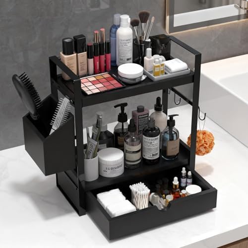 2-Tired Bathroom Counter Organizers and Storage, Coffee Bar Organizer with Drawer, Solid Wood Skincare Perfume Organizer for Vanity Kitchen Corner Shelf Office Countertop (Black) - Image 2