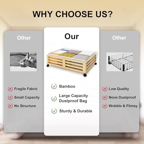 Under Bed Storage with Wheels-Large Bamboo Underbed storage Containers with Large Dust Bag Stackable Under the Bed Shoe Storage Bins for Clothes Books Bedding (2 Packs Nature, 23.62"L×16.54"W× 6.51"H) - Image 5