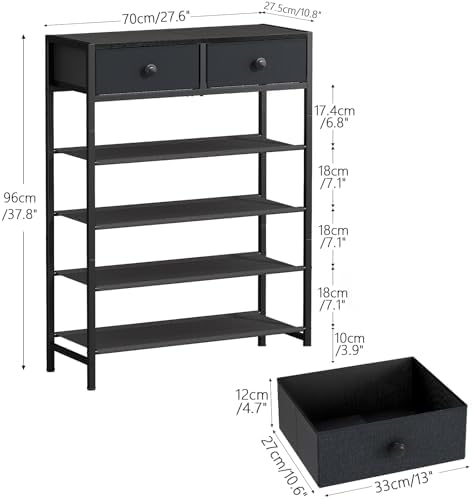 5 Tier Shoe Rack with 2 Drawers Black Grey - Image 3