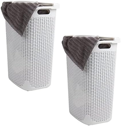 Mind Reader Slim Laundry Hamper with Lid, 60L Tall Clothes Basket, Narrow Tapered Design for Bathrooms, Closets and Laundry Rooms, Plastic, 2 Pack, White by MindReader