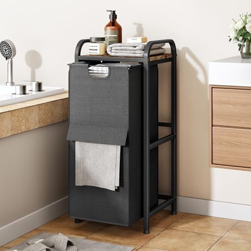 Kitstorack Laundry Hamper, Laundry Basket, Laundry Sorter with a Pull-Out and Removable Bag, Shelf, Metal Frame, 17 Gallons (62 L), Ink Black and Rustic Brown by Kitstorack
