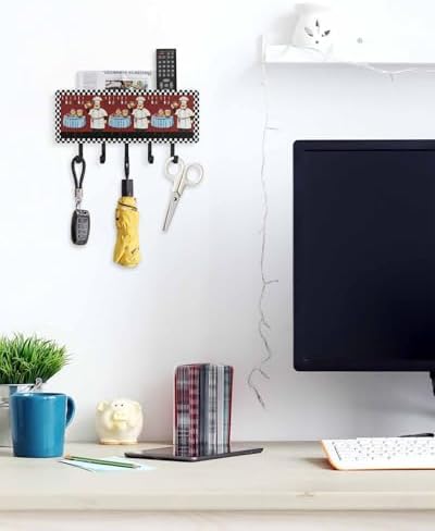 Red Chef Key Holder Wall Mount, Black White Check Black Hanging Mail Organizer with 5 Key Hooks Wall Decorative, Adhesive Key Rack with Shelf for Hallway Kitchen Farmhouse Entryway Decor - Image 5