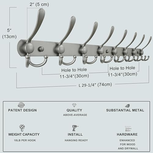 Dseap Coat Rack Wall Mount - 29.5” Long 8-Tri-Hooks Heavy Duty Coat Hanger Rail Wall Hooks for Hanging Coats Hats Clothing Clothes Purse Mudroom Entryway, Gray - Image 6