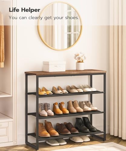 HOOBRO Shoe Rack, 4 Tier Shoe Storage Organizer with 3 Oxford Fabric Shelves and Top Panel, Holds 12-16 Pairs of Shoes for Entryway and Closet, Industrial, Rustic Brown BF47XJ01G1 - Image 3