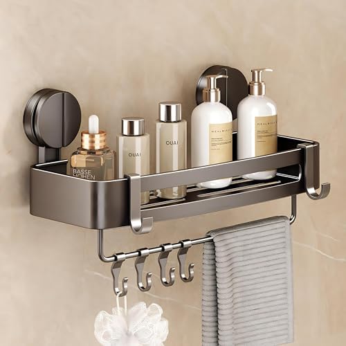 VOLPONE Shower Caddy Suction Cup, 1 Pack Corner Shower Shelves No Drilling, Showers Organizer Storage with Towel Bar & Removable Hooks, Bathroom Shower Shelf Rack for Inside Showers by VOLPONE