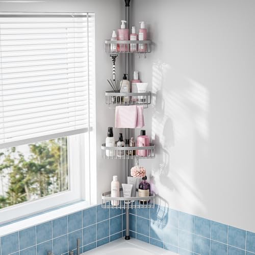 Corner Shower Caddy Tension Pole: Stainless Steel Rustproof 4-Tier Shower Organizer - 47-121 inch Adjustable Bathroom Shelves for Bathtub Shampoo Storage - Tension Rod Floor Standing Bath Rack by ESSEMELLC