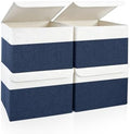 Bagnizer Large 22 Quart Linen Fabric Foldable Storage Bin Cube Organizer Basket with Flip-Top Lid & Handles, Clothes Blanket Box for Home, Office, Closet, Navy Blue & White, 4 Pack 14.6 x 9.5 x 9.5 by Bagnizer