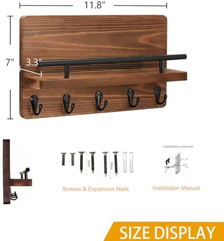 Key Holder for Wall with Mail Holder, Decorative Wooden Key Holder Wall Mount, Mail Rack Organizer with Shelf for for Entryway Office Hallway Home Decor, Rustic Brown - Image 4