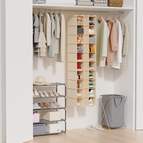MAX Houser 2 Pack 10 Tier Slim Hanging Shoe Organizer Beige | Foldable Hanging Shoe Storage Shelf with 2 Metal Hooks, Space Saving Storage for Narrow Space - Image 6