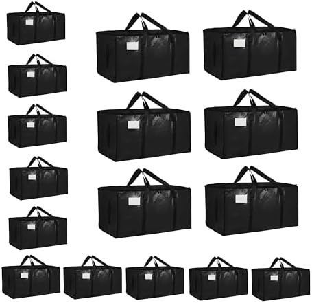 16 Pack-Extra Large Heavy Duty Moving Bags - Waterproof Storage Totes with Handles & Zippers, Foldable for College Dorm, Storage (Black) by Unknown