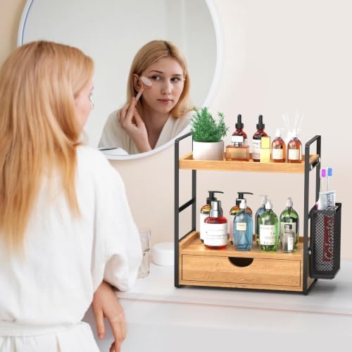 LEMIKKLE Bathroom Counter Organizer with Drawer and Basket,Wood Countertop Organizer for Bathroom Decor Makeup Tray for Perfume Skincare Bedroom Kitchen Corner - Image 2