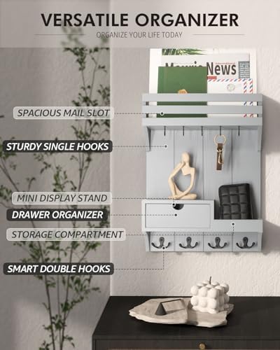 Rebee Vision Key Holder Wall Mount with Drawer & Shelf for Entryway, Gray - Image 4