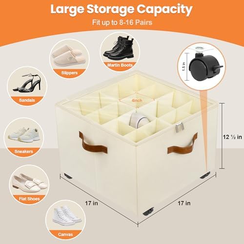 Foyego 2 Pack Shoe Organizer for Closet, Shoe Storage with Wheels, Beige - Image 2