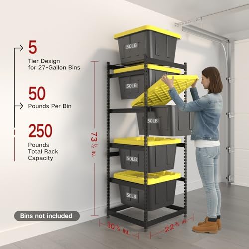 FERO 27 Gallon Tote Storage Rack, Heavy-Duty Storage Bin Rack Organizer, 5-Tier Standing Storage Bin Shelves, 250 lb Capacity, Maximize Space for Garage, Warehouse, Utility - Image 2