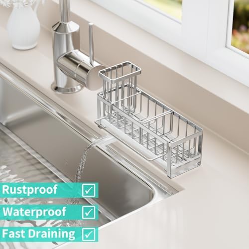HapiRm Sponge Holder for Kitchen Sink - Self-draining Sink Caddy with Brush Holder and Dishcloth Holder, Stainless Steel Kitchen Organizer - Silver - Image 5