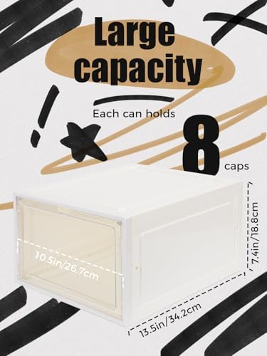 SCAVATA 6 Pack Hat Organizer Box, Stackable Clear Baseball Caps Holder Box Containers with Magnetic Door for Hats Snapback Cap Storag, Hat Rack Display Case, Holds 8 Hats Each (White) - Image 2