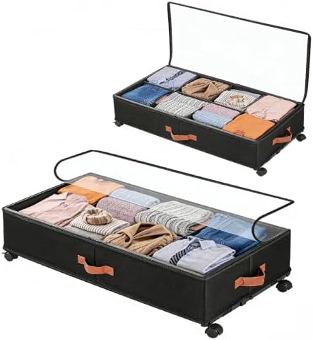 VECELO Under Bed Storage with Wheels, 2 Pack Fully Enclosed Zippered Dust Cover Bins with Clear Lids, Metal Frame and Ultra Thick Fabric Underbed Storage Organizer, Shoe Storage Box, Black by VECELO