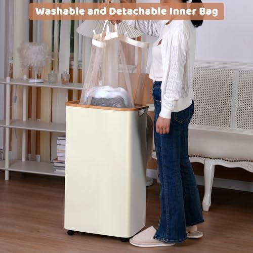 IEGrow Laundry Basket with Wheels 110L Clothes Hamper for Laundry,Beige - Image 2