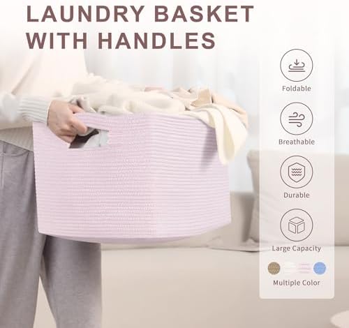 60L Woven Laundry Basket Hamper with Handles, Pink - Image 2
