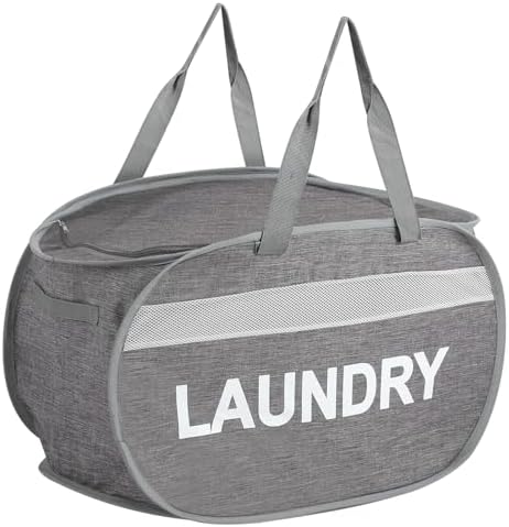 Collapsible Laundry Baskets with Lid, Foldable Clothes Hamper with Reinforced Handles, Sturdy Pop Up Hampers for Laundry, Tear Proof & Easy to Carry Laundry Hamper for Home, Dorm, Travel Grey by Bemkoo