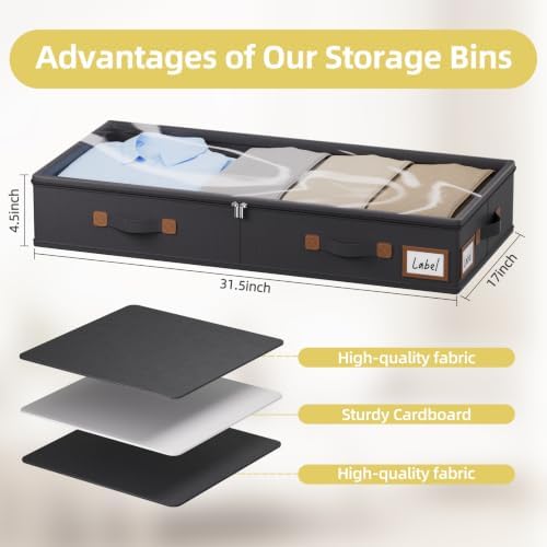 FHSQX Under Bed Storage Container 2Pack 4.5 Inches Low Profile Under-bed Organizer Bins Slim Under Couch Storage Box Ideal For Seasonal Clothes Blankets Towel Fabric (2, Black, 31.5 * 17 * 4.5in) - Image 4