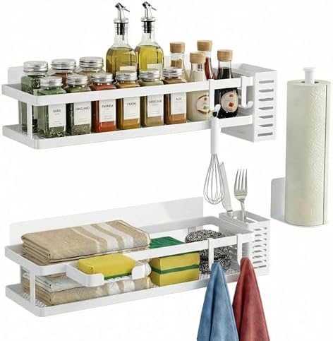 PUSDON 5-in-1 16.5" Extra Long Kitchen Organizer & Shower Caddy Set, Wall Mount Spice Rack with Paper Towel Holder, Utensil Holder & Soap Dish, Rustproof Mesh - White, Guardrail - Image 3
