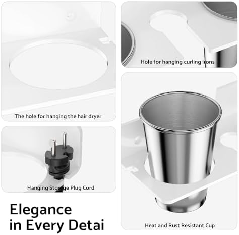 HIIMIEI Hair Tool Organizer Wall Mount, White Acrylic Hot Tool Holder with 2Cups, Bathroom Hair Styling Accessories Storage Organizer for Flat Iron, Blow Dryer, Curling Wand - Image 3