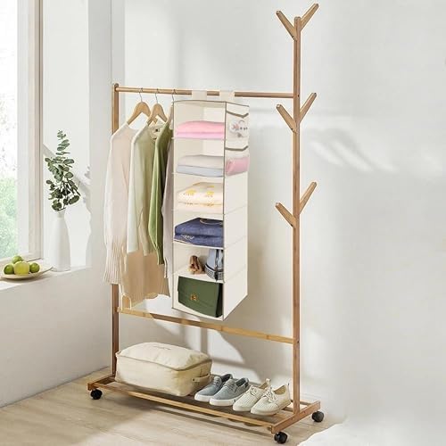 MAX Houser 6 Tier Shelf Hanging Closet Organizer with 2 Widen Straps, Beige | foldable lightweight fabric closet storage, space-saving design for Bedroom, Closet Hanging Shelf for Storage - Image 2