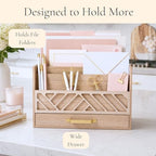 BLU MONACO | Wooden Mail Organizer with Drawer and Gold Handle | Outgoing Mail Holder and Letter Sorter for Desk | Natural Wood Desktop Paper Organizer - Image 5