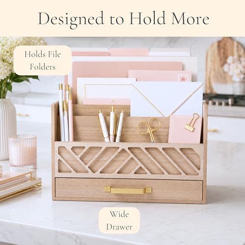 BLU MONACO | Wooden Mail Organizer with Drawer and Gold Handle | Outgoing Mail Holder and Letter Sorter for Desk | Natural Wood Desktop Paper Organizer - Image 5