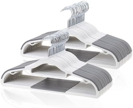 Tonswachic 50-Pack Coat Hangers, Space Saving Plastic Clothes Hangers, Non-Slip, 0.2 Inches Slim, 16.53 Inches Wide, 360° Swivel Silver Hook for Shirts, Pants & Wet/Dry Garments, White and Dark Gray by TonswachicHangersSpaceSaver