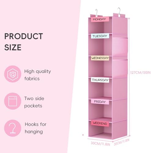 Weekly Hanging Closet Organizer for Kids, 6-Shelf Clothes Storage with Labeled Days of The Week Monday Through Friday, Weekday and Weekend, Days of the Week Clothes Organizer - Image 2