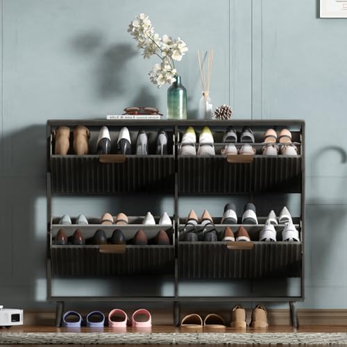 Shoe Cabinet Storage,Modern Freestanding Organizer with 4 Flip Drawers,Narrow Shoe Rack Cabinet for Entryway,Black by QIVOMIX