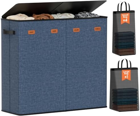 Laundry Hamper 4-Section with Lid, 185L Laundry Sorter with 4 Removable Bags + 1 Extra Large Bag, Switchable 3/4 Compartment, Laundry Basket Organizer for Bedroom, Laundry Room，Navy Bule by Vexalora