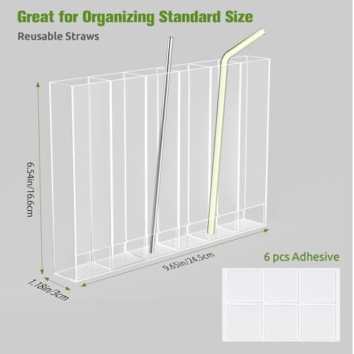 9.6” Large Acrylic Straw Holder for Cabinet Door - 6 compartments, easy to clean, Reusable Tumbler Straw Organizer Storage, Small Kitchen Accessories Container, Ultra Sticky Cupboard Door Mounted - Image 3