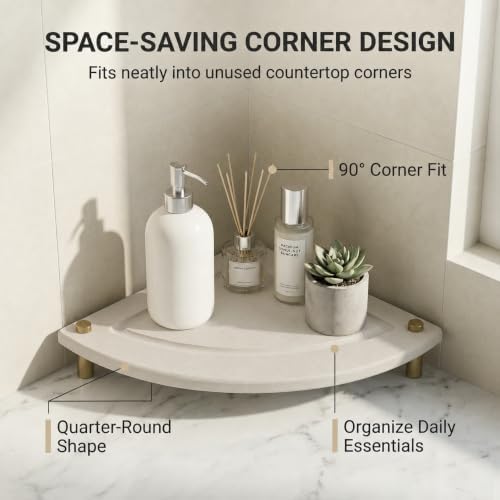 Corner Counter Shelf, Water Absorbing Stone Drying Tray Mat for Kitchen & Bathroom Sink, Diatomaceous Gold Faucet Coaster Soap Dish Rack Riser Dispenser Sponge Holder, Beige, 8.5" x 8.5" - Image 2