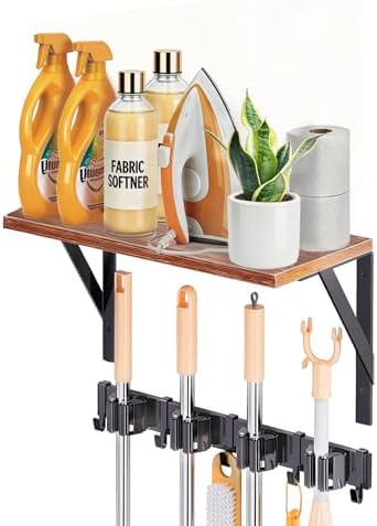 1Pack Broom Holder with Organizer Shelf 4 Broom Slots 5 Removable Hooks by PrimZootyDesign